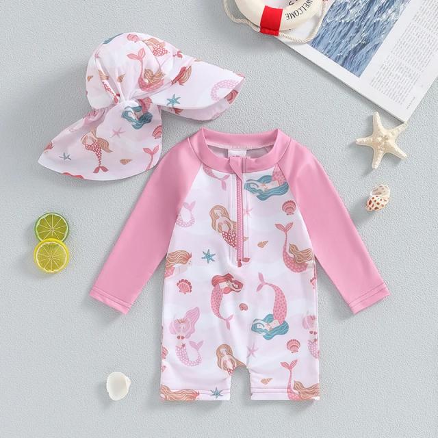 Conjunto de roupa de banho para bebês meninas, estampa de concha do mar, manga longa, proteção contra queimaduras, aba larga, chapéu de sol, infantil, roupa de praia