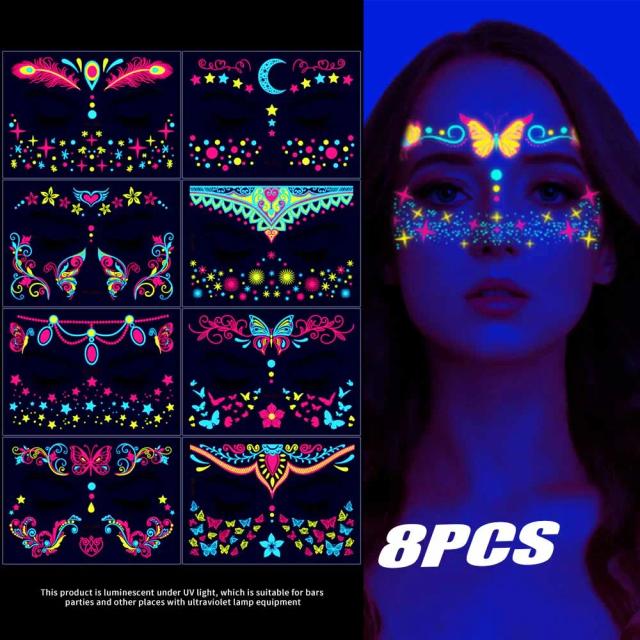 Adesivos de Tatuagem Temporária Luminosa UV Neon Fluorescente 12/24 Peças