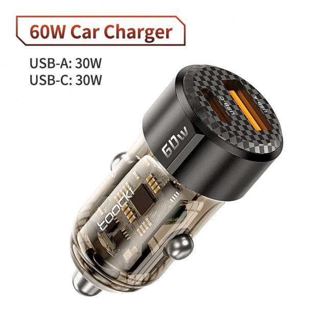 Toocki Carregador de Carro 60W Carga Rápida PD 27W Transparente