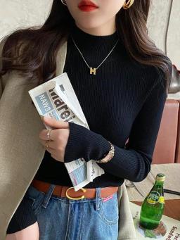 Outono inverno mock neck camisola feminina vintage básico sólido malha coreano topos casual fino pulôver suéteres simples chique jumpers - Image 6