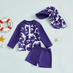 Conjunto de roupa de banho para meninos e meninas, 2 peças, estampa de golfinho, gola, manga comprida, tops, shorts e chapéu, roupa de banho com proteção contra queimaduras - Image 5