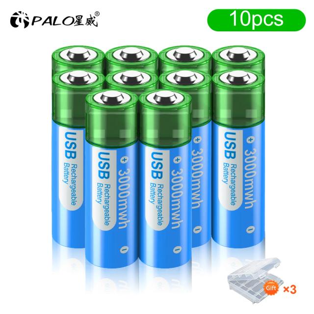 Bateria de Lítio Recarregável USB PALO 3000mWh 1.5V AA Li-ion HR6 com Porta USB 2A e Caixa de Bateria