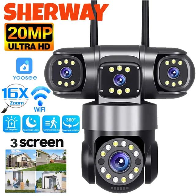 Câmera de Segurança Externa WiFi 10K 20MP 4 Lentes 3 Telas 360° Zoom 16X