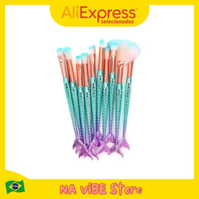 Conjunto Completo de 10 Pincéis de Maquiagem Sereia para Aplicação e Acabamento Profissional