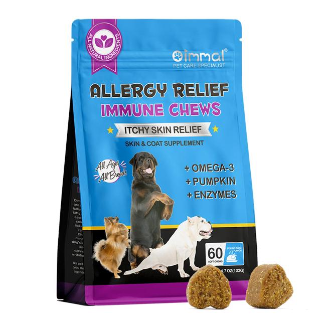 Suplemento para Alívio de Alergias em Cães com Sabor de Pato de Pequim, Enzimas de Abóbora e Ômega 3 - 60 Petiscos para Coceira e Saúde da Pelagem