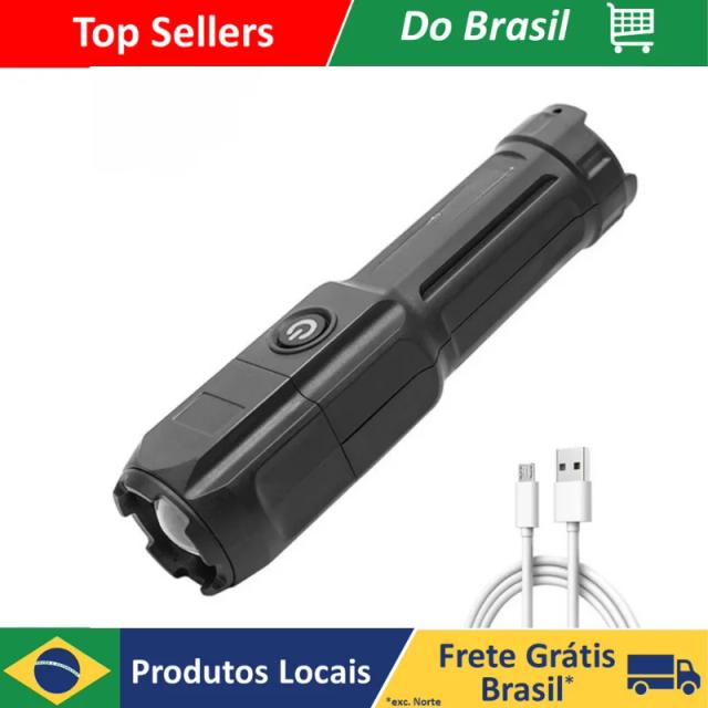 Lanterna Tática Potente Recarregável USB com Luz LED Forte e Zoom Direcional à Prova d'Água