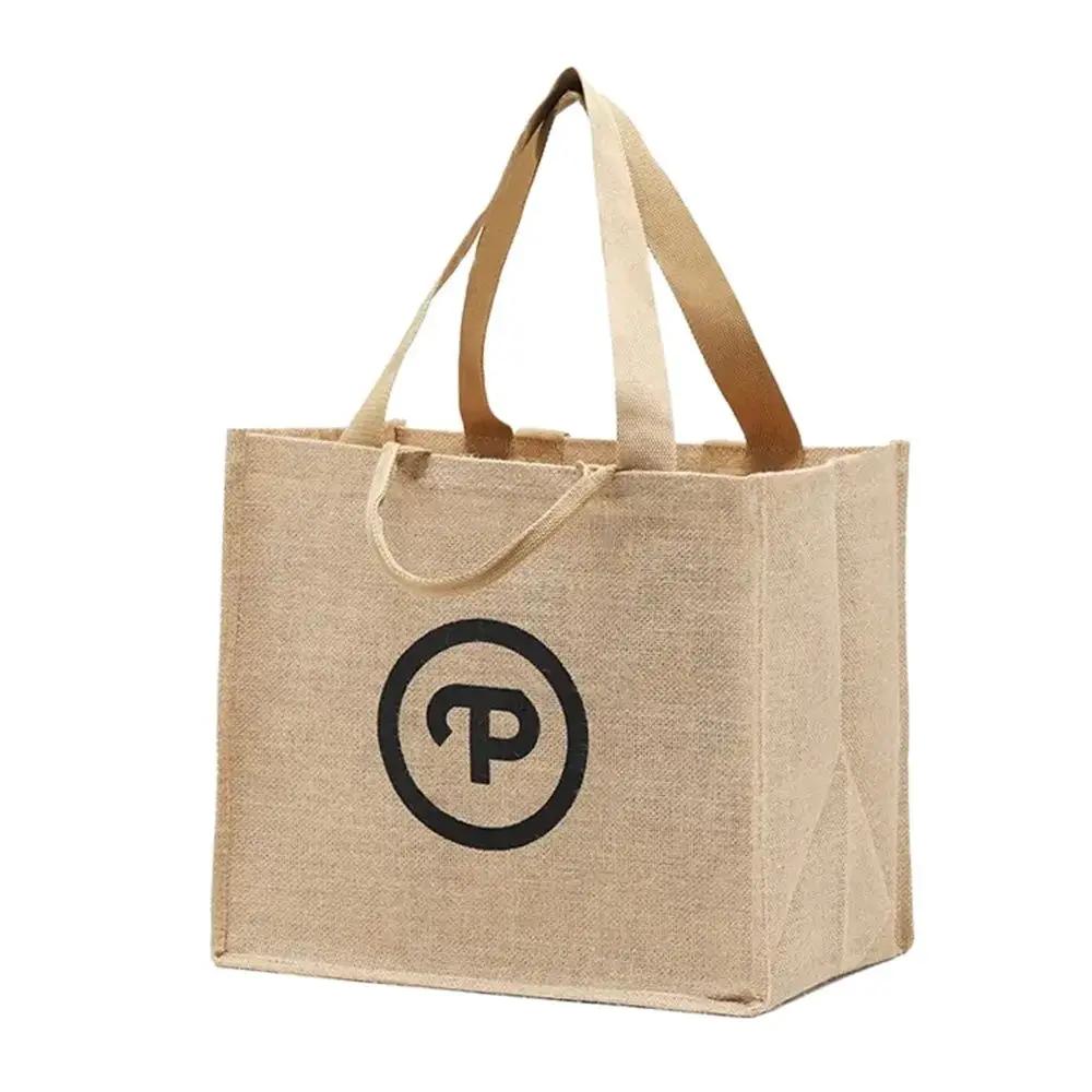 Reutilizável Natural Juta Hessian Serapilheira, Mercearia Beach Bag, alça dupla, seu logotipo para viagem toalha casamento, atacado, 100pcs por lote - Image 1