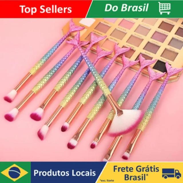 Conjunto Profissional de 10 Pincéis de Maquiagem Sereia