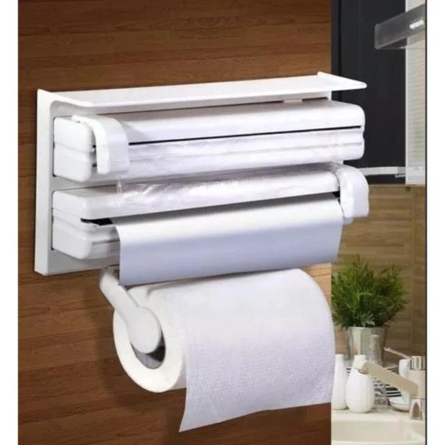 Organizador Prático de Papel Filme e Alumínio com Cortador e Porta Toalha para Cozinha