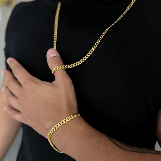Kit Masculino de Colares e Pulseiras Banhadas a Ouro 18K - Conjunto Corrente 2 Peças 3mm