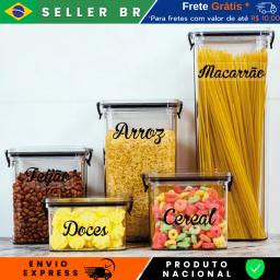 Kit 5 Potes Herméticos Acrílico Quadrado Empilhável com Vedação e Trava Para Alimento Mantimentos + Etiquetas - Image 1