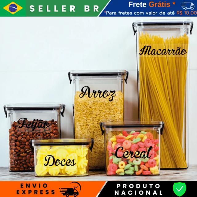 Conjunto de 5 Potes Herméticos Acrílicos Empilháveis com Vedação e Etiquetas para Armazenamento de Alimentos