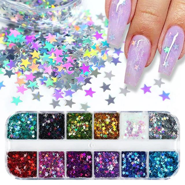 Conjunto de 12 Cores de Lantejoulas Glitter Estreladas para Decorar Unhas