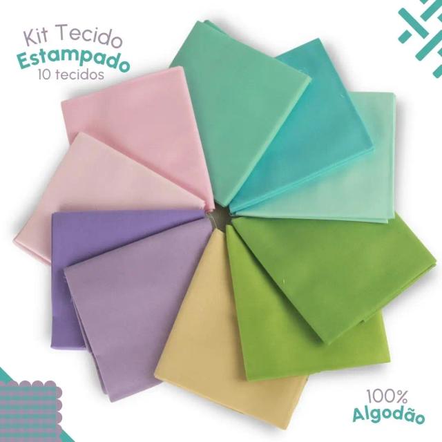 Kit de 10 Tecidos Tricoline 100% Algodão Estampados e Lisos 53x46 cm - 5B Nybc