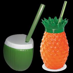 Kit 20 Copos Com Canudo Reutilizável Lembrancinha Festa Tema Tropical Moana Frutas 10 Abacaxi Laranja + 10 Coco Verde 300 ml - Image 1