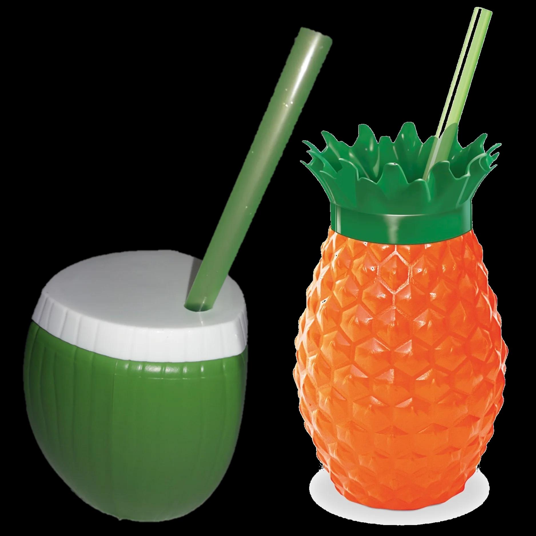 Kit 20 Copos Com Canudo Reutilizável Lembrancinha Festa Tema Tropical Moana Frutas 10 Abacaxi Laranja + 10 Coco Verde 300 ml - Image 1