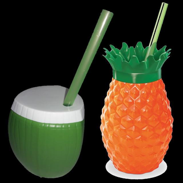 Kit de 20 Copos Tropical com Canudo Reutilizável para Festa Moana - 10 Abacaxi, 10 Coco Verde, 300 ml