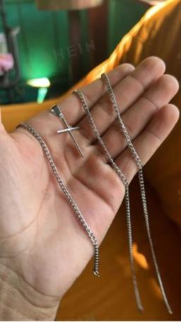 3 peças Joias Conjunto de Corrente Grumet Colar e Pulseira com pingente cruz palito Moda Masculina Banhadas a Prata Aço Inox 316 - Image 2