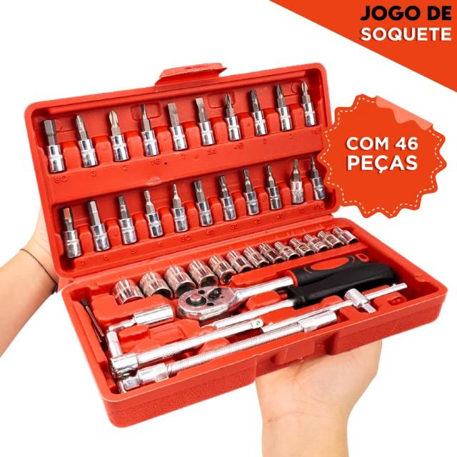Jogo Completo de Soquete 46 Peças 1/4'' em Aço CRV com Catraca