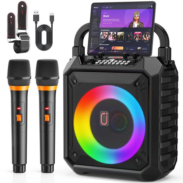 JYX Máquina de Karaokê T17 com 2 Microfones Sem Fio 15W LED Bluetooth