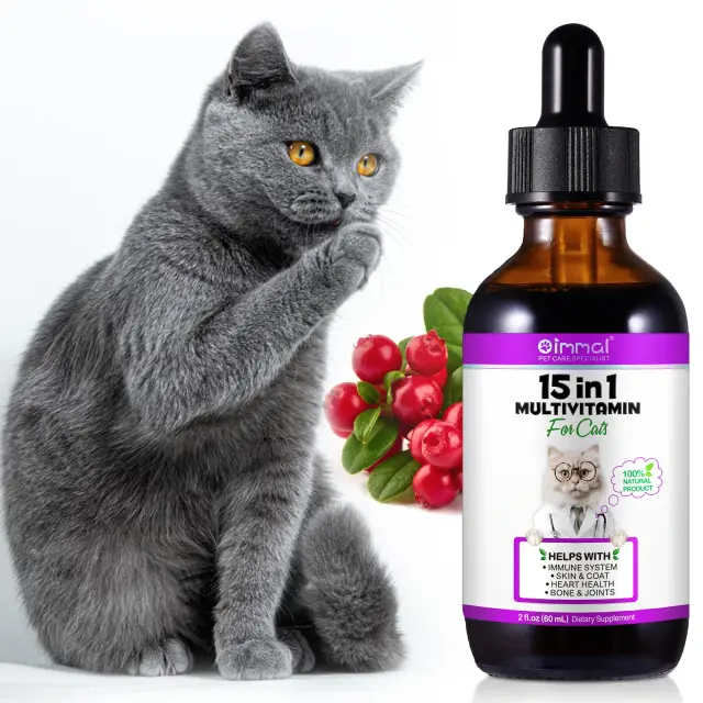 Multivitamínico Natural 15 em 1 para Gatos - Suporte Imunológico, Saúde da Pele e Pelagem, Coração Saudável e Fortalecimento de Ossos em 60ml