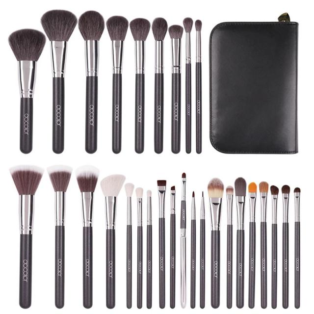 Conjunto Docolor de Pincéis de Maquiagem Profissional em Couro PU com Cerdas Naturais - 29 Peças para Base, Pó, Contorno e Sombra