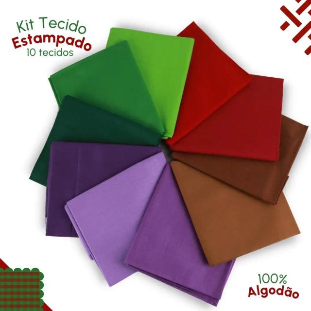 Kit com 10 Tecidos Tricoline Estampados e Lisos 53x46 - 100% Algodão 4B Nybc