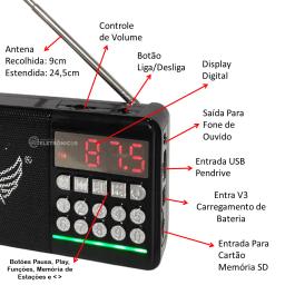 Rádio Retro FM Bluetooth Portátil Entrada Pendrive Recarregável JD30PR - Image 2