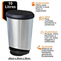 Lata de lixo lixeira cesto de lixo com pedal com tampa para banheiro cozinha escritorio Cor Prata 10 litros - Image 2