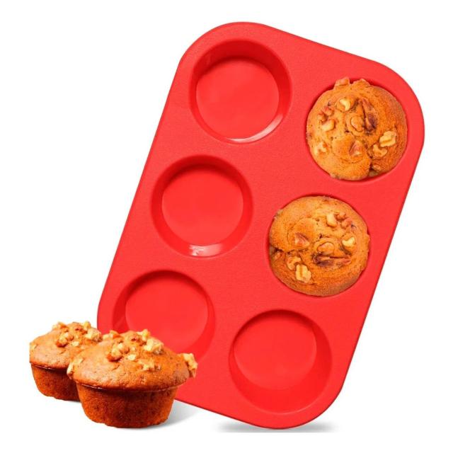 Molde de Silicone Vermelho Redondo com 6 Cavidades para Cupcakes, Petit Gateau e Bolinhos - Desenforma Fácil