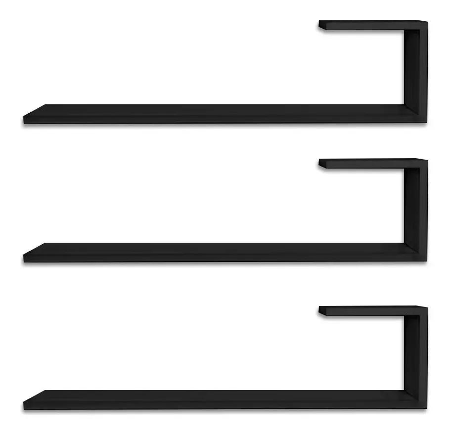 Kit 3 Prateleira J Nicho Parede Mdf Branco Sala Quarto Cozinha Decoração  PRETO / BRANCO - Image 1