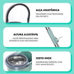 Balde Mop Esfregão Giratório 360 de Limpeza 12 Litros Com Cesto Inox Cabo 1,10 Metro Eficiência e Praticidade em Cada Giros - Image 3