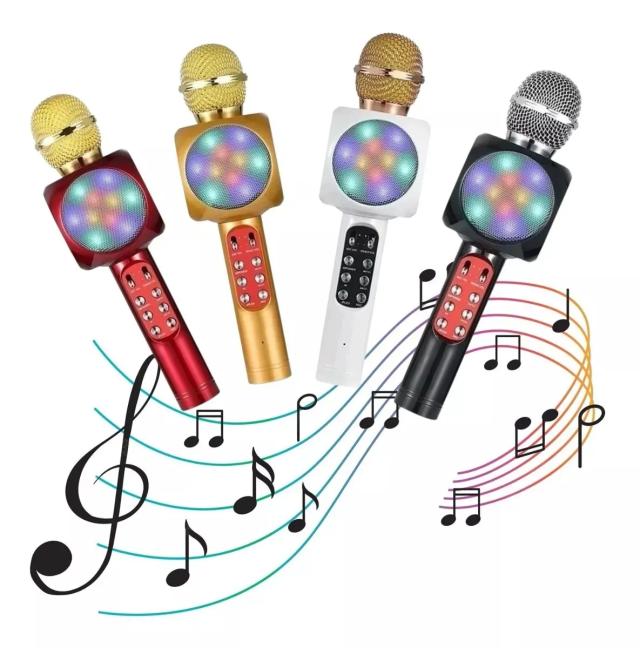 Microfone Sem Fio Bluetooth com Karaokê e Alto-Falante Integrado, Entrada USB e Cartão SD, Som Potente e Luzes LED Coloridas – Perfeito para Festas e Conexão com Celular