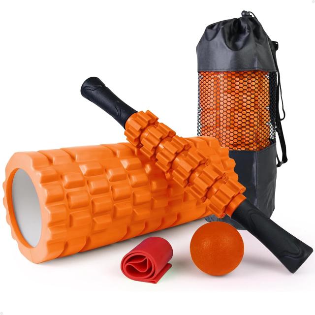 Kit Completo de Massagem Lorben 4x1 - Rolo Miosfascial, Bastão, Bola Lacrosse, Faixa Elástica e Bolsa GT6320