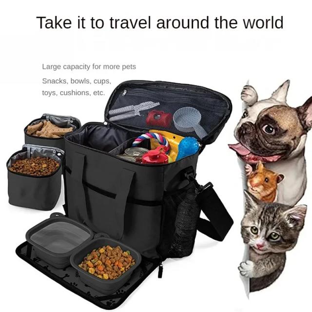 Bolsa de Transporte para Pets, Mochila Grande para Treinamento, Compartimento para Ração e Petiscos, Alimentador Portátil e Suprimentos Essenciais para Cães e Gatos