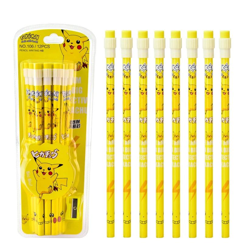 12 pçs pokemon pikachu anime figura dos desenhos animados lápis pokemon crianças lápis kawaii estudante papelaria aniversário das crianças presente de natal - Image 1