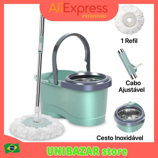 Balde Mop Esfregão Giratório 360 com Cesto Inox de 12 Litros e Cabo Ajustável de 1,10 Metro: Limpeza Eficiente e Prática a Cada Giro