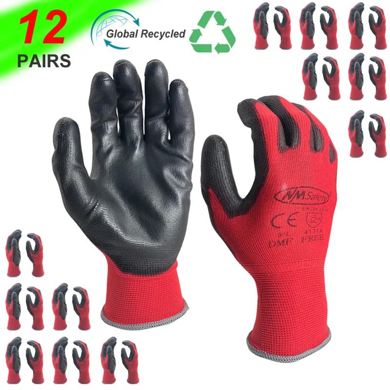 Luvas de segurança de jardim para homens Luvas de malha Nylon mergulhado, PU nitrilo revestido, Palm Security, Trabalho de proteção, Vermelho, 24 pares, 12 pares - Image 1