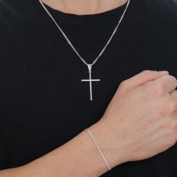3 peças Joias Conjunto de Corrente Grumet Colar e Pulseira com pingente cruz palito Moda Masculina Banhadas a Prata Aço Inox 316 - Image 1