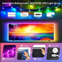 Faixa LED RGB para decoração de quarto, USB, controle Bluetooth, efeito perseguidor, lâmpada flexível, fita, RGB 5050, DC5V, WS2812b, 1-30m - Image 4
