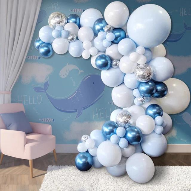 Decoração Completa com Kit de Balões Azuis e Brancos para Festas Temáticas, Incluindo Guirlanda e Arco, 95 Peças para Baby Shower e Aniversários