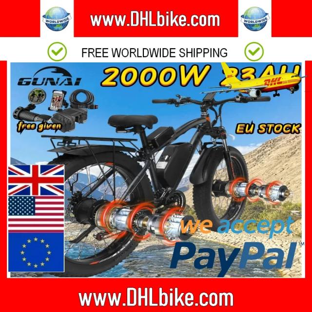 GUNAI-bicicletas elétricas de motor duplo para adultos, Ebike, pneu 26 Polegada Fat, 21 Speed, 48V, 23Ah Bateria, Ebike, 2000W, 55 kph