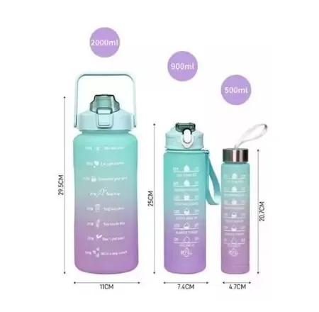 Conjunto de 3 Garrafas Squeeze: 2 Litros, 900ml e 300ml com Adesivos Motivacionais em 2D e 3D