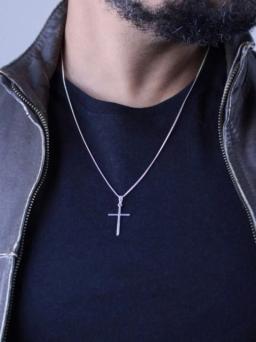 3 peças Joias Conjunto de Corrente Grumet Colar e Pulseira com pingente cruz palito Moda Masculina Banhadas a Prata Aço Inox 316 - Image 5