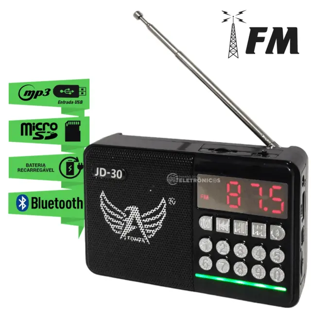 Rádio Retro FM Portátil com Bluetooth, Entrada para Pendrive e Bateria Recarregável JD30PR