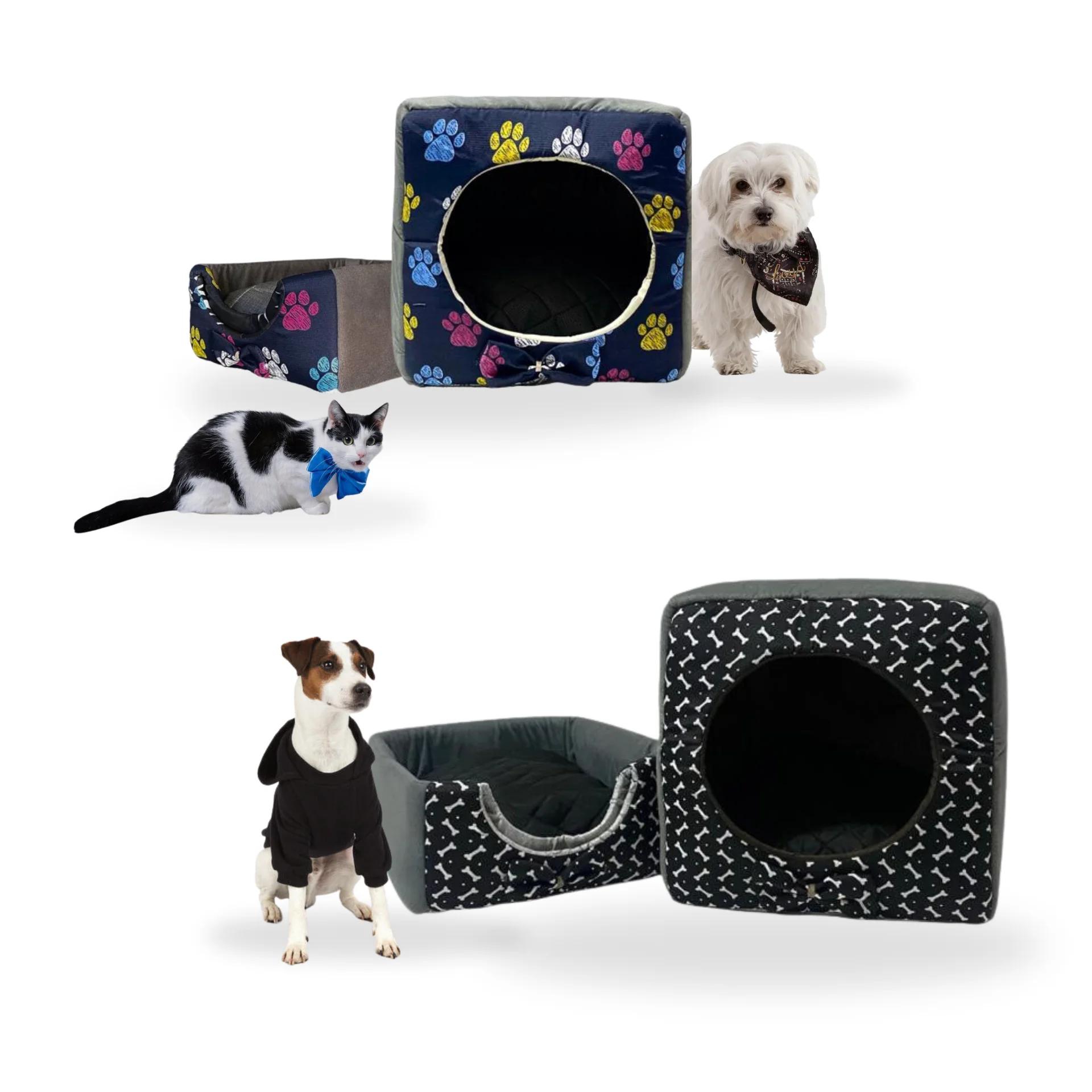 Kit 2 Casinha Pet: Colorida Pequena, Preta Média: Caminha Para Cachorro e Gato, Cama e Casa em Suede + Almofada Confortável - Image 1