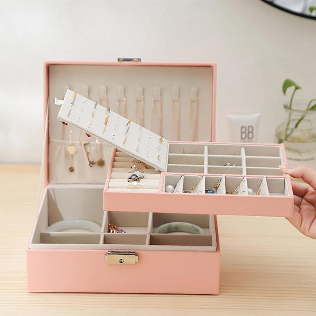 Organizador de Joias Feminino Grande Multifuncional com Duas Camadas e Fechadura de Chave