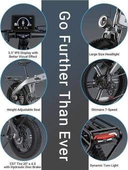 Bicicleta elétrica para adultos, dobrável E-Bikes, Fat Tire Ebikes, 1200, 1400W pico, 28MPH, 60 milhas, 720WH bateria, 20x4.0, quente - Image 6