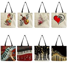 Novo no piano música símbolo impresso bolsa feminina dobrável portátil casual sacos de ombro de compras eco reutilizável viagem tote - Image 1