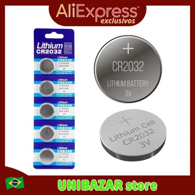 Kit com 5 Baterias de Lítio CR 2032 3V para Controle Remoto, Brinquedos, Relógios e Eletrônicos